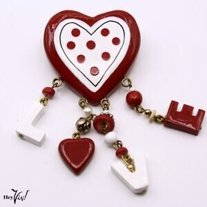 Vintage Red White Heart Dangle Pin Brooch LOVE Letters Valentine Kitsch Hey Viv